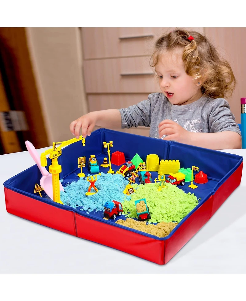 homfan 43Pieces Construction Sand Toy Set for Kids - 3lbs Play Sand, 6 Mini Trucks, Castle Molds, Tools, Collapsible Sandbox and Storage Bin