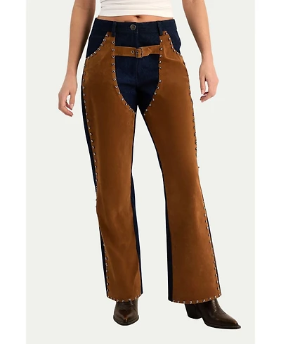 Nasty Gal Women's Denim Studded Suedette Mix Chap Jean
