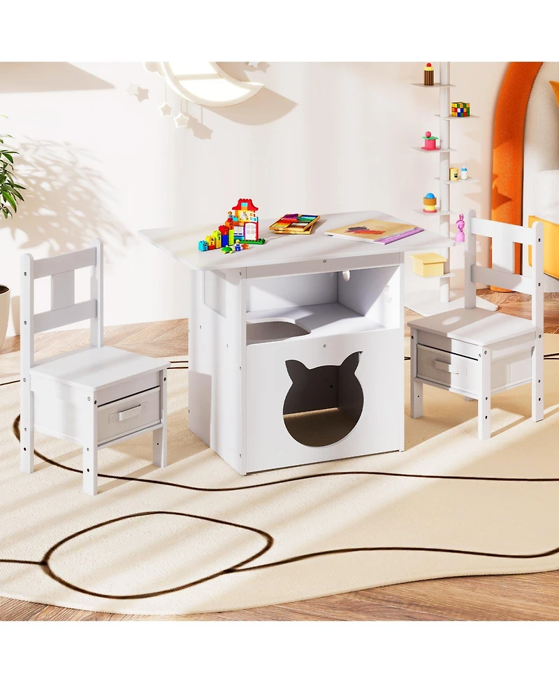 Slickblue Kids Table and Chairs Set 3 Piece Wooden Furniture with Cat House