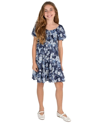 Rare Editions Girls' 7-16 Printed Floral Jacquard Chiffon Smocked Babydoll Dress
