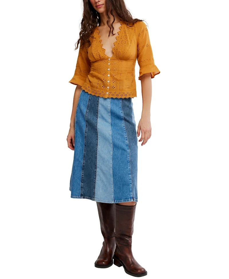 Free People Women's Eyelet Lace Embroidered Button-Front Blouse