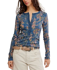 Free People Women's Printed Ribbed Henley Neck Top