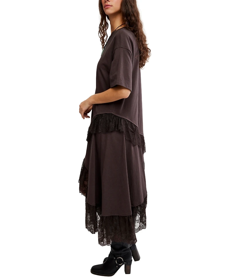 Free People Women's Lace-Trim Contrast Short-Sleeve Top