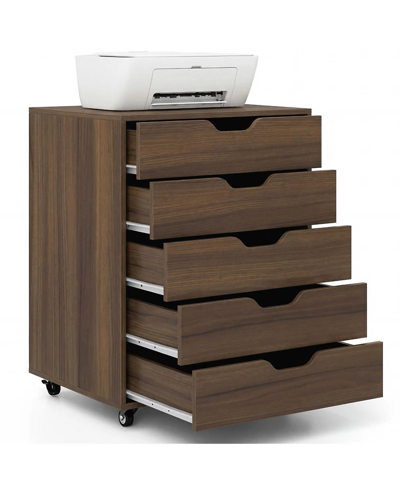 Mecale 5-Drawer Mobile File Cabinet with Lockable Casters, Walnut