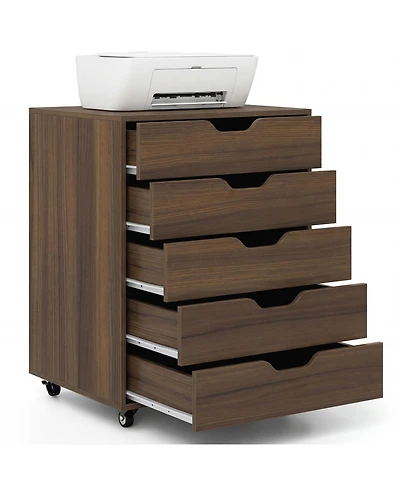 Mecale 5-Drawer Mobile File Cabinet with Lockable Casters, Walnut