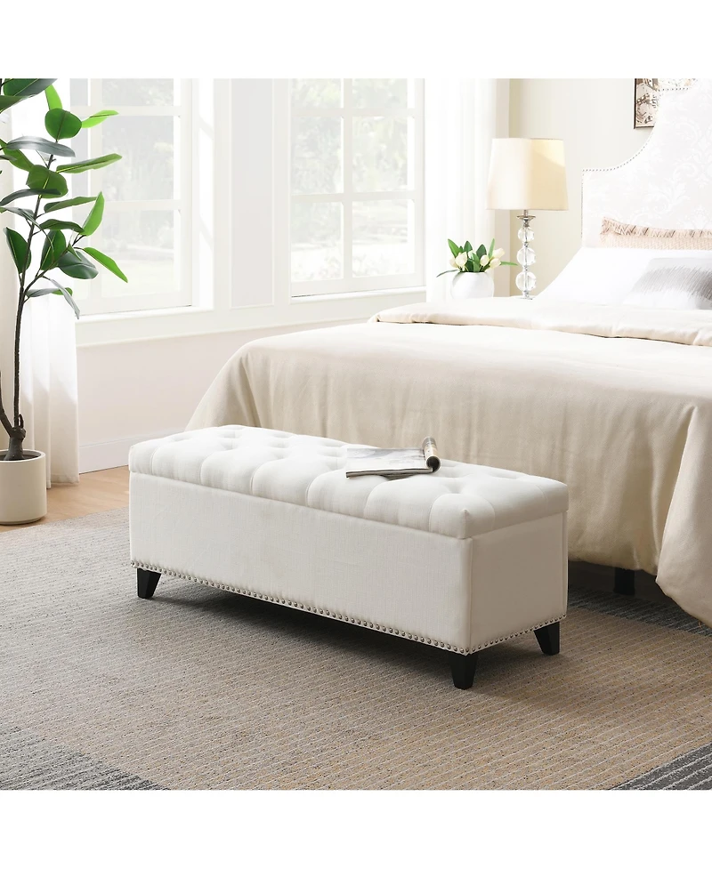 sumyeg 47.5-Inch Storage Ottoman Bench with Safety Hinge and Button-Tufted Linen Upholstery