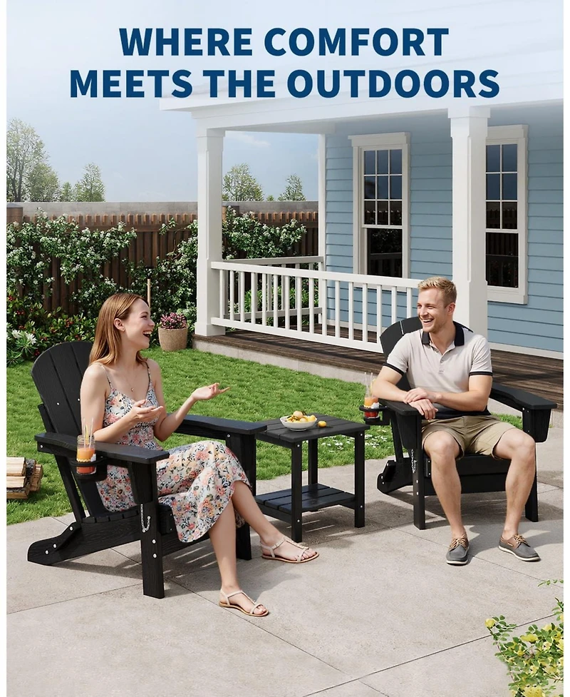 homfan Set of 2 Folding Adirondack Chair, All-Weather Hdpe Outdoor Chairs with Cup Holder, Wood-Grain Texture