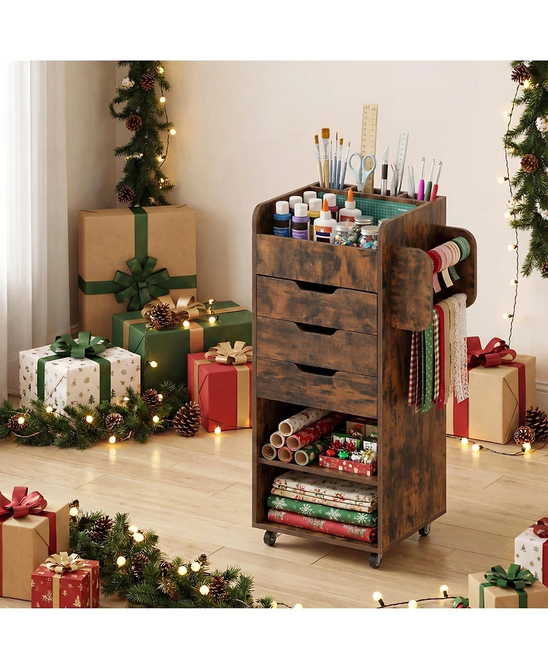 Costway Paper Storage Cart, Rolling Gift Wrap Station with 3 Drawers and Adjustable Shelf