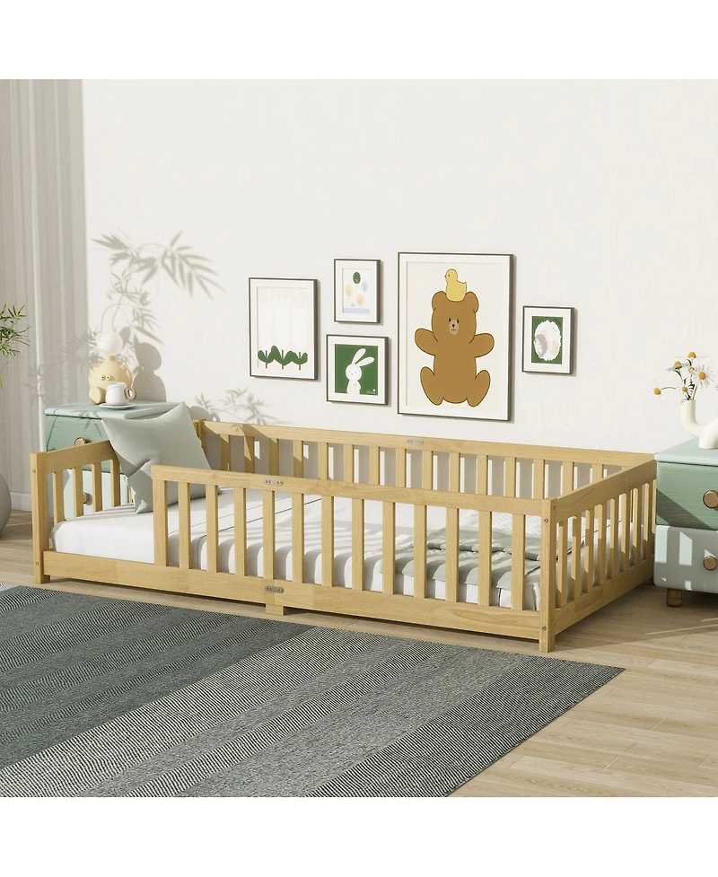 Streamdale Furniture Twin Size Floor Bed with Fence and Safety Guardrails