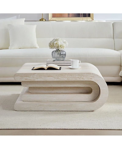 Streamdale Furniture Faux Travertine Square Coffee Table, Modern Layered Base