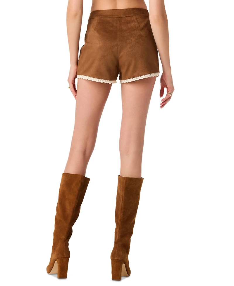Astr the Label Women's High-Rise Faux Suede Lace-Trim Shorts