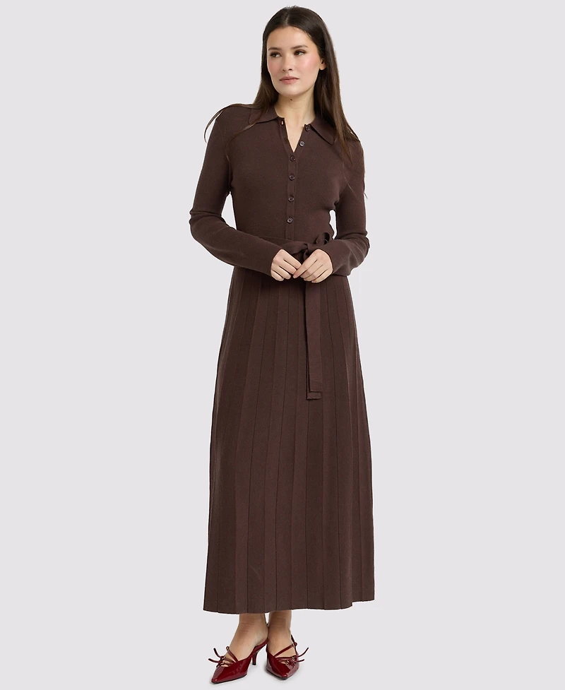 En Saison Women's Collared Button-Front Tie-Waist Pleated Knit Maxi Dress