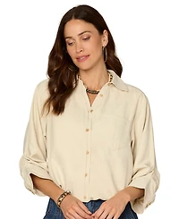Democracy Petite Ruched-Sleeve Bubble-Hem Shirt