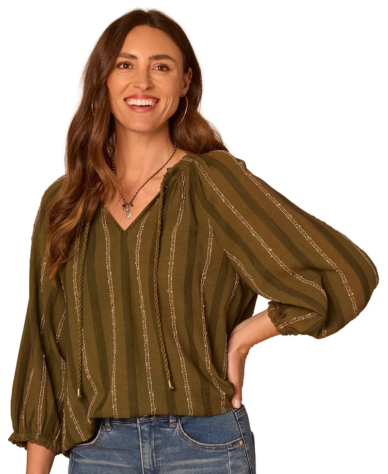 Democracy Petite Blouson-Sleeve Split Neck Woven Top