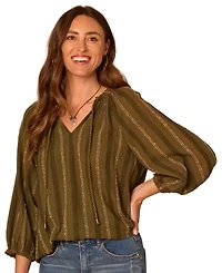 Democracy Petite Blouson-Sleeve Split Neck Woven Top