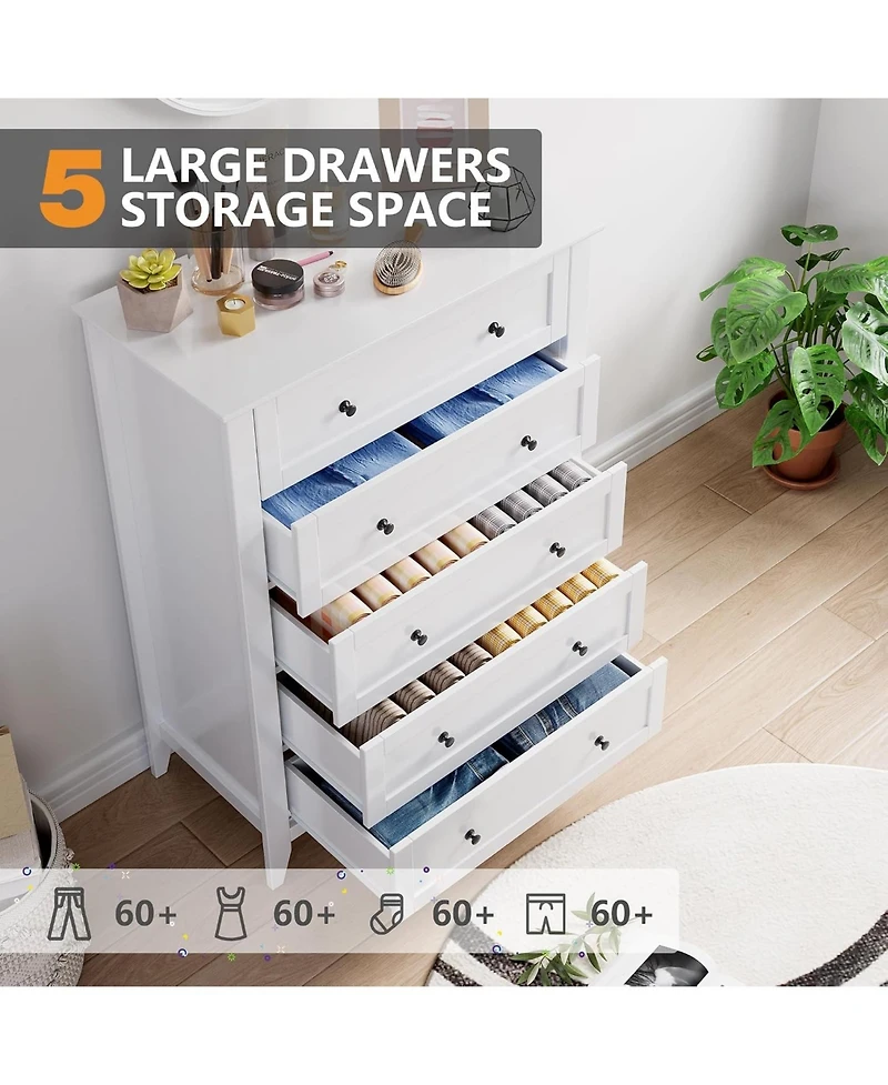 gaomon 5 Drawer Dresser, Modern White Tall Chest of Drawers for Bedroom, Storage Cabinet Organizer for Living Room, Home Office, Entryway