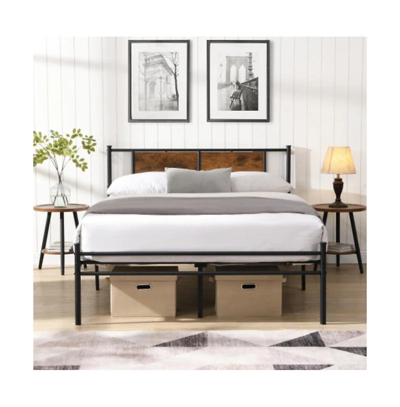 Lucky One King Size Metal Bed Frame with Wood Panel Headboard, Steel Structure, No Box Spring Needed, Under-Bed Storage