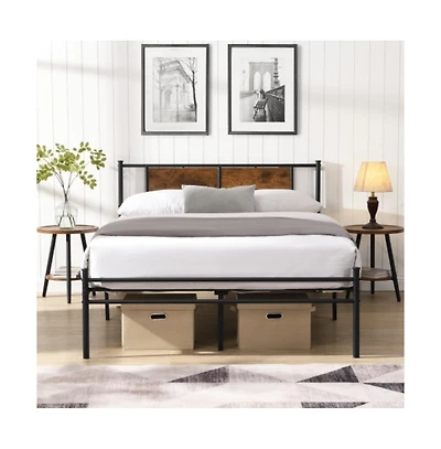 Lucky One King Size Metal Bed Frame with Wood Panel Headboard, Steel Structure, No Box Spring Needed, Under-Bed Storage
