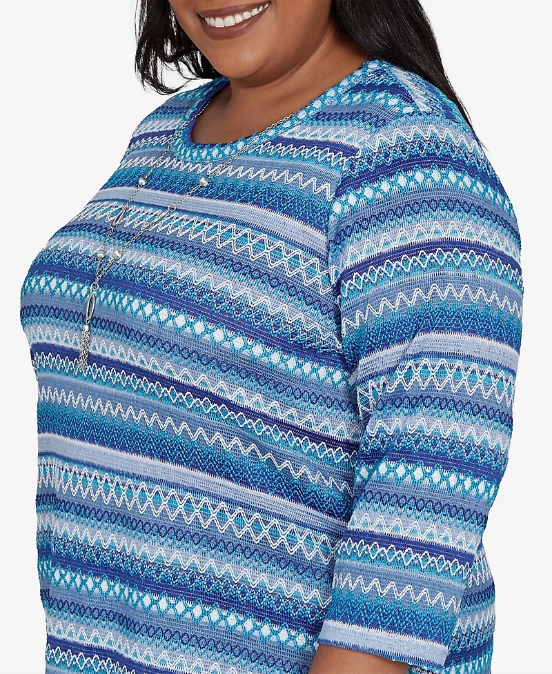 Alfred Dunner Plus Classic Textured Stripe Knit Top with Necklace