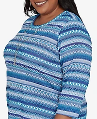 Alfred Dunner Plus Classic Textured Stripe Knit Top with Necklace