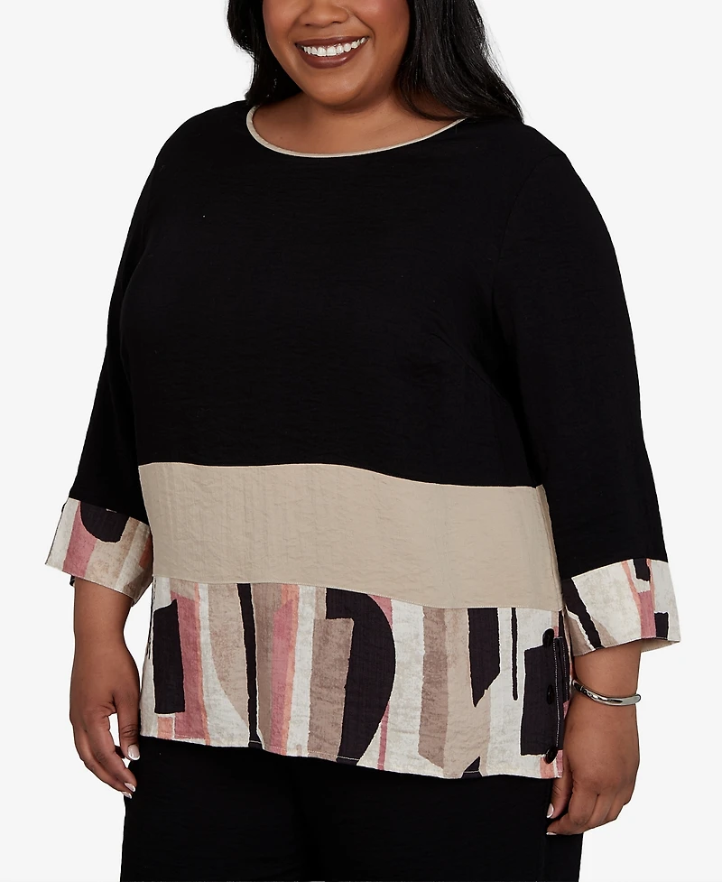 Alfred Dunner Plus Travel Advisory Spliced Patchwork Woven Top