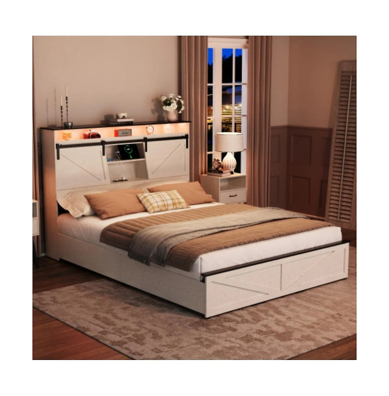 Lucky One Full Size Farmhouse Bed Frame with Storage Headboard, 2 Drawers, Usb Charging Station, Led Lights, Wooden Slats, No Box Spring Needed