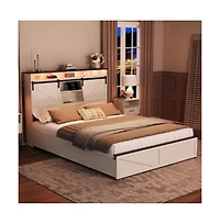 Lucky One Full Size Farmhouse Bed Frame with Storage Headboard, 2 Drawers, Usb Charging Station, Led Lights, Wooden Slats, No Box Spring Needed