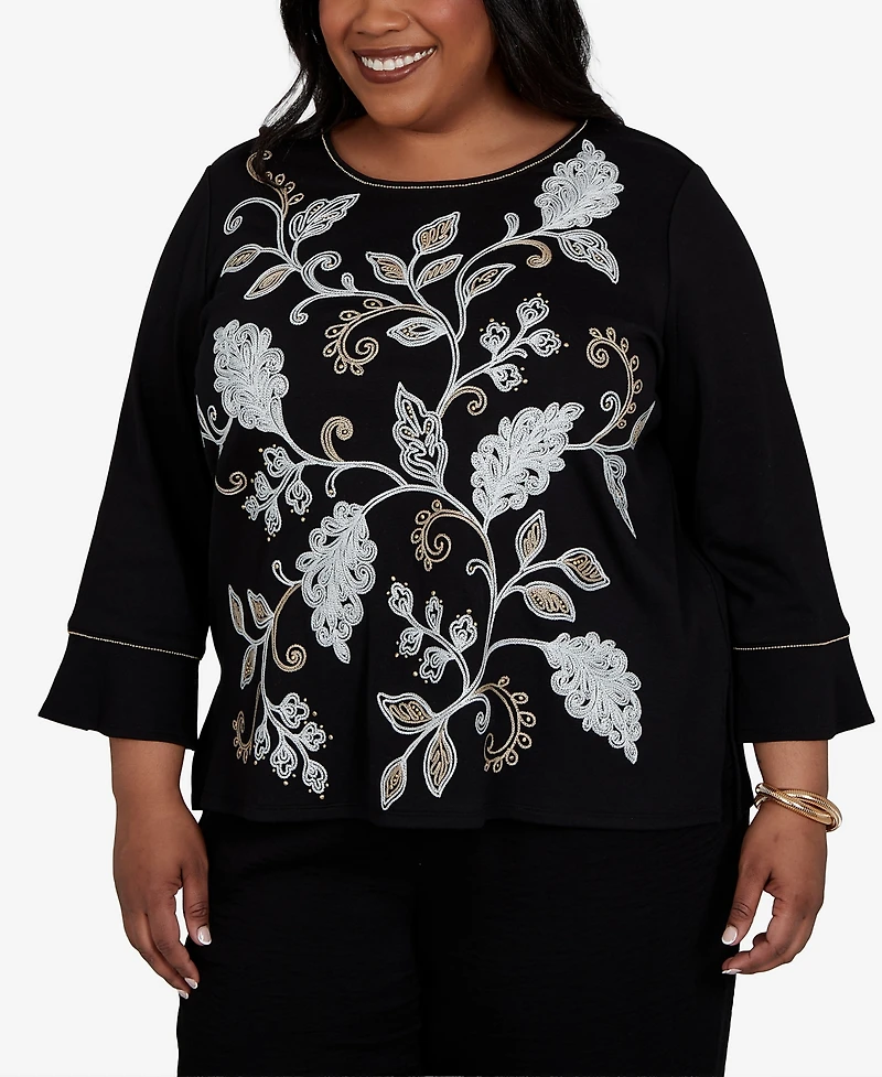Alfred Dunner Plus Travel Advisory Scroll Leaf Embroidered Top