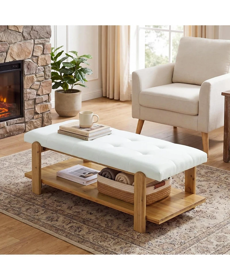 Tribesigns Ottoman Coffee Table with Solid Wood Frame, Rectangle Large Footrest Ottoman with Storage Shelf, Upholstered Center Table