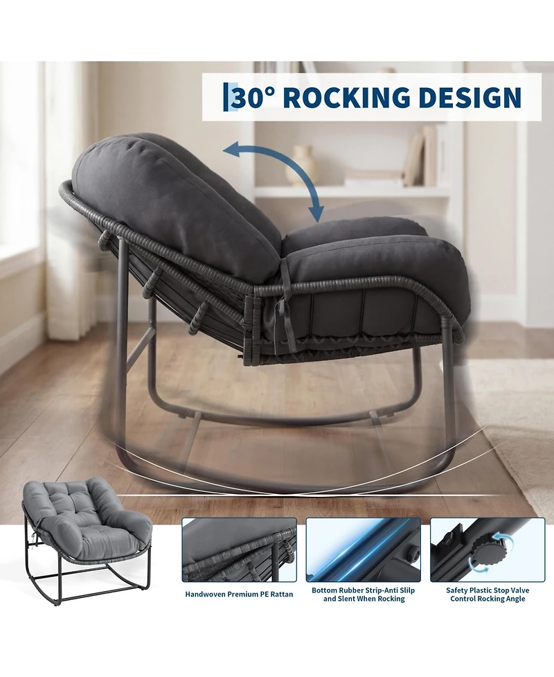 GarveeLife Oversized Egg-Shaped Patio Rocking Chair, All-Weather Wicker Outdoor Chair, Soft Removable Cushion, Reinforced Rattan Frame