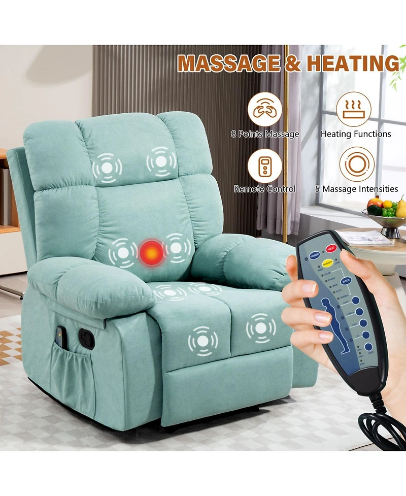 Dyhome Manual Recliner Chair with Heat and Massage, Upholstered Lounge Sofa Retractable Footrest, Side Storage Pockets