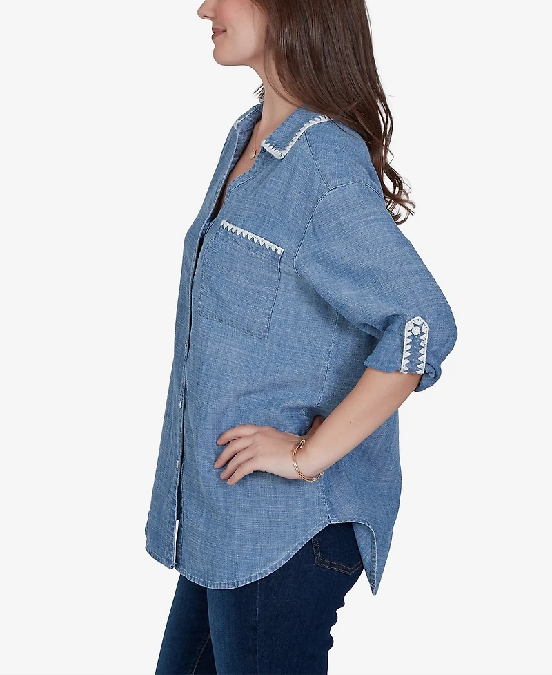 Ruby Rd. Petite Crochet Trim Soft Button-Front Top