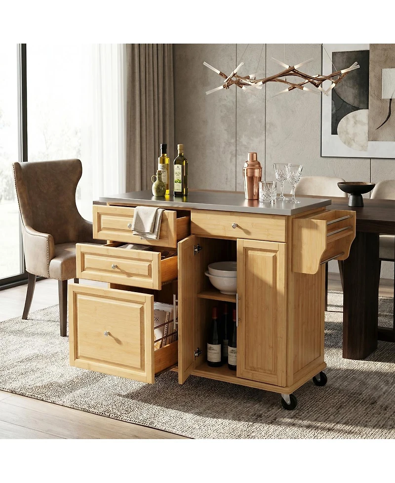 Streamdale Furniture Bamboo Rolling Kitchen Island with Stainless Steel Top and Storage