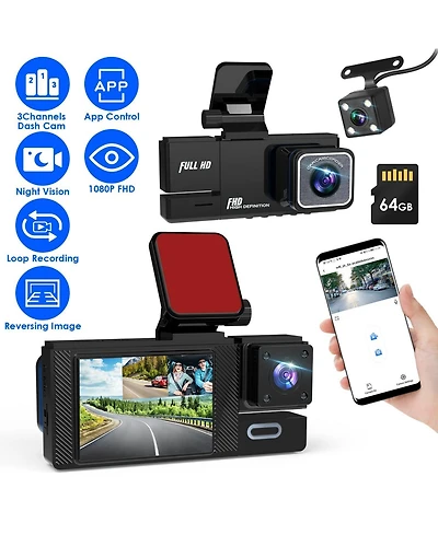 Neewer 1080P 3-Channel Dash Cam with WiFi App Control, Night Vision, Loop Recording, Front, Rear and Inside Cameras, 64G Card