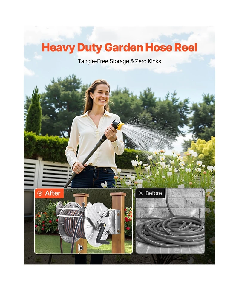 Vevor Wall Mounted Garden Hose Reel 150ft 5/8 in Hose Winder Brass Fitting Hose Guide