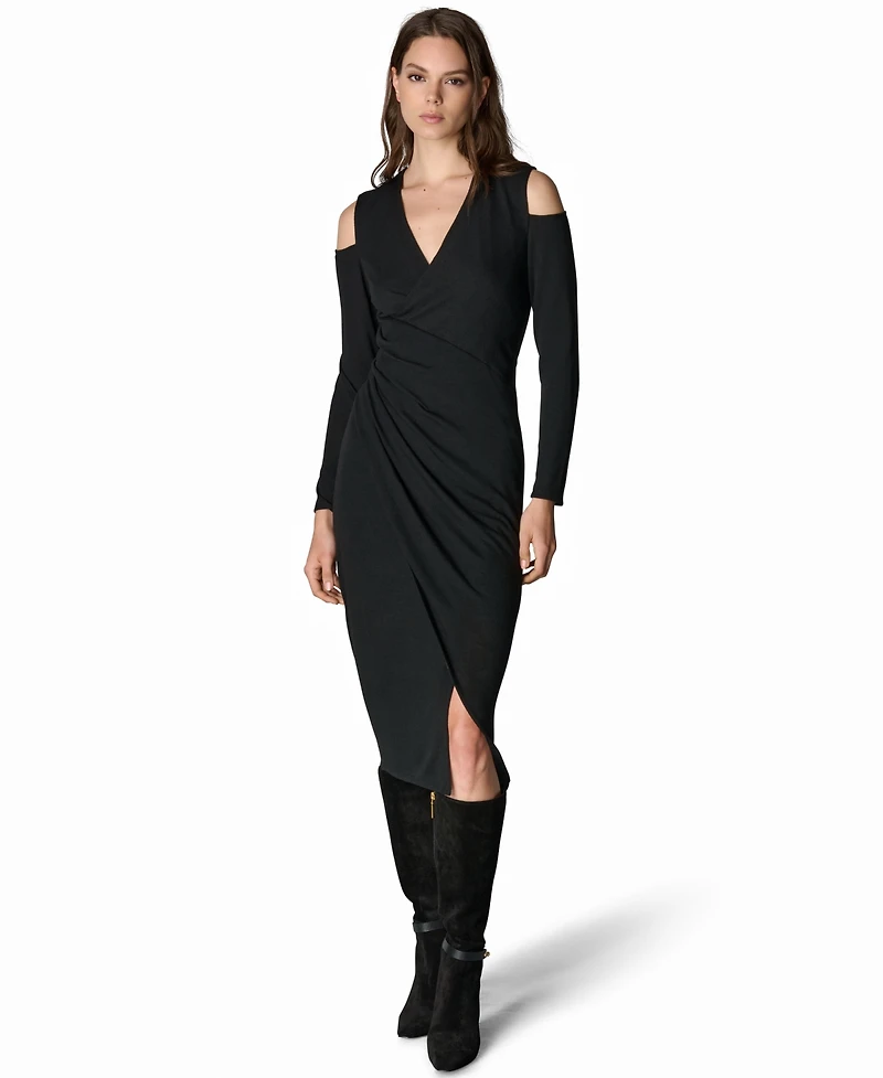 Donna Karan New York Women's Long-Sleeve Cold-Shoulder Wrap Midi Dress