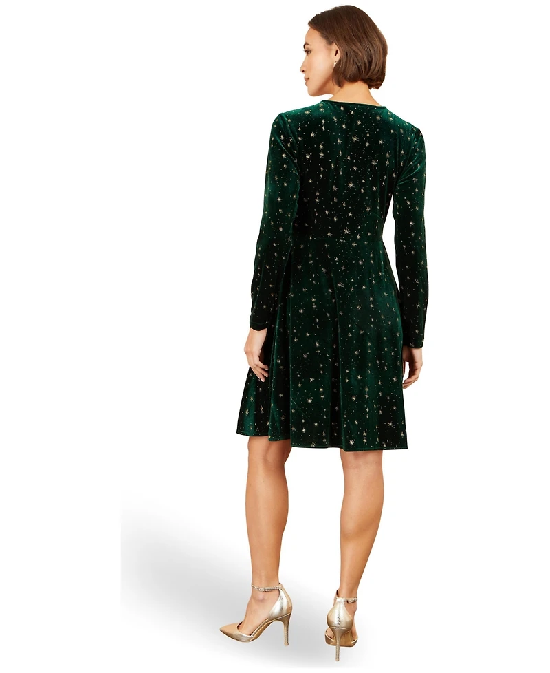 Yumi Women's Foil Star-Print Velvet V-Neck Dress