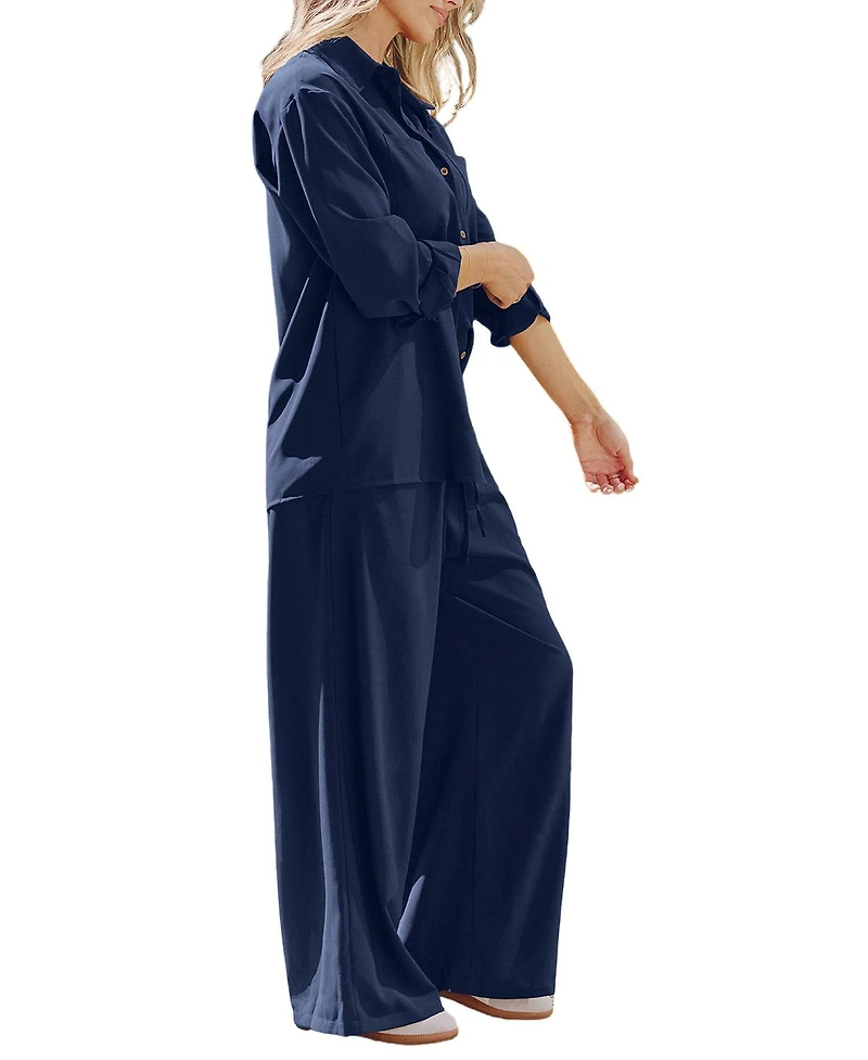 Cupshe Women's Soft Dawn Oversized Collared Wide-Leg Shirt and Trouser Set