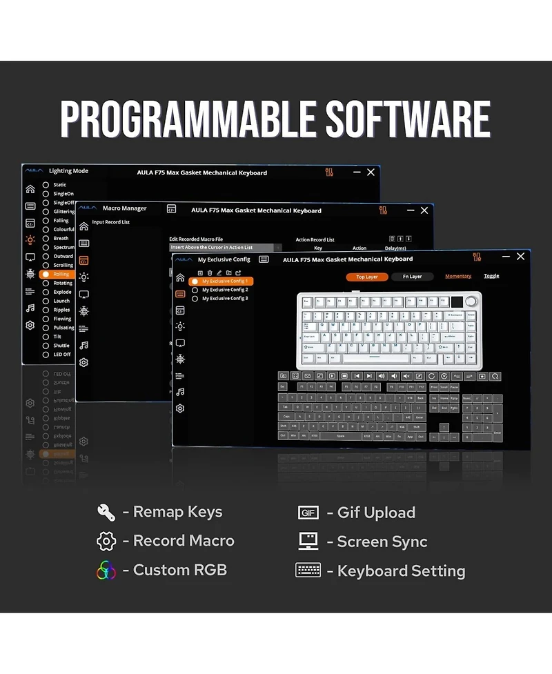 Aula F75 Max Wireless Mechanical Keyboard with Tft Smart Screen, Tri-Mode Connectivity, Hot Swappable, Rgb Backlit, Volume Knob, 75% Gasket Mount