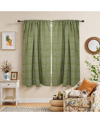 Fabdivine Floral Block Print Rod Pocket Linen Curtain