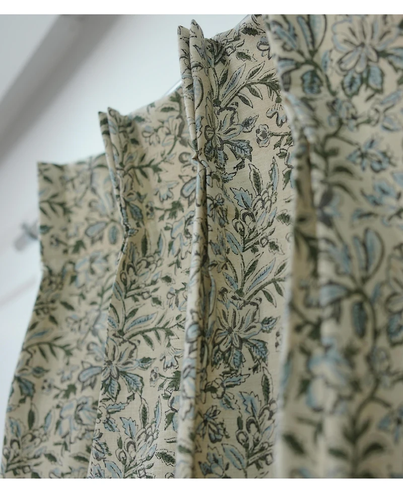 Fabdivine Handcrafted Floral Block Print Pleated Gray Linen Blend Ring Curtain