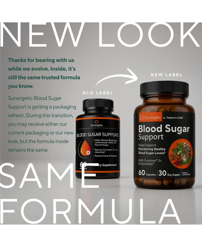 Sunergetic Blood Sugar Support Supplement with Cinnamon, Chromium, Alpha Lipoic Acid and Herbal Blend, 60 Capsules