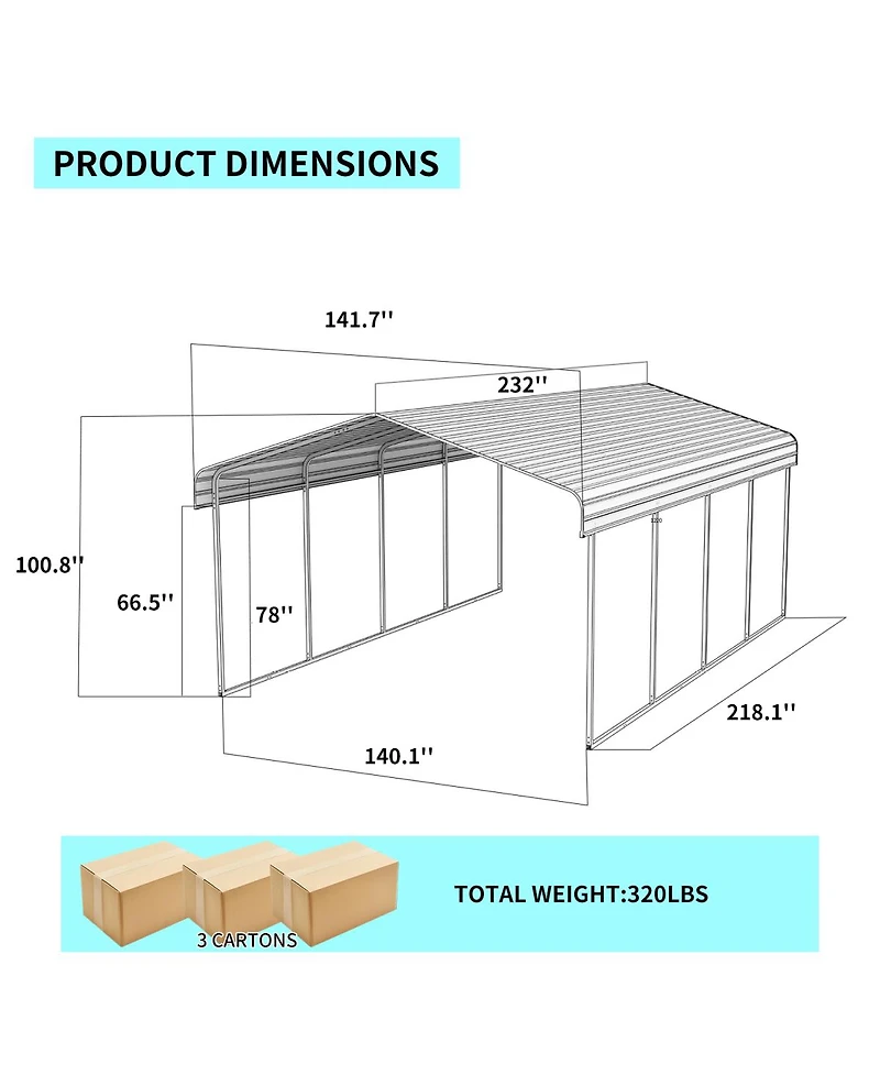 Streamdale Furniture 12x20 Feet Heavy-Duty Galvanized Steel Metal Carport Garage Shelter