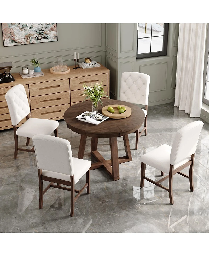 Streamdale Furniture 5-Piece Retro Dining Set: Round Table with 16'' Leaf and 4 Upholstered Chairs