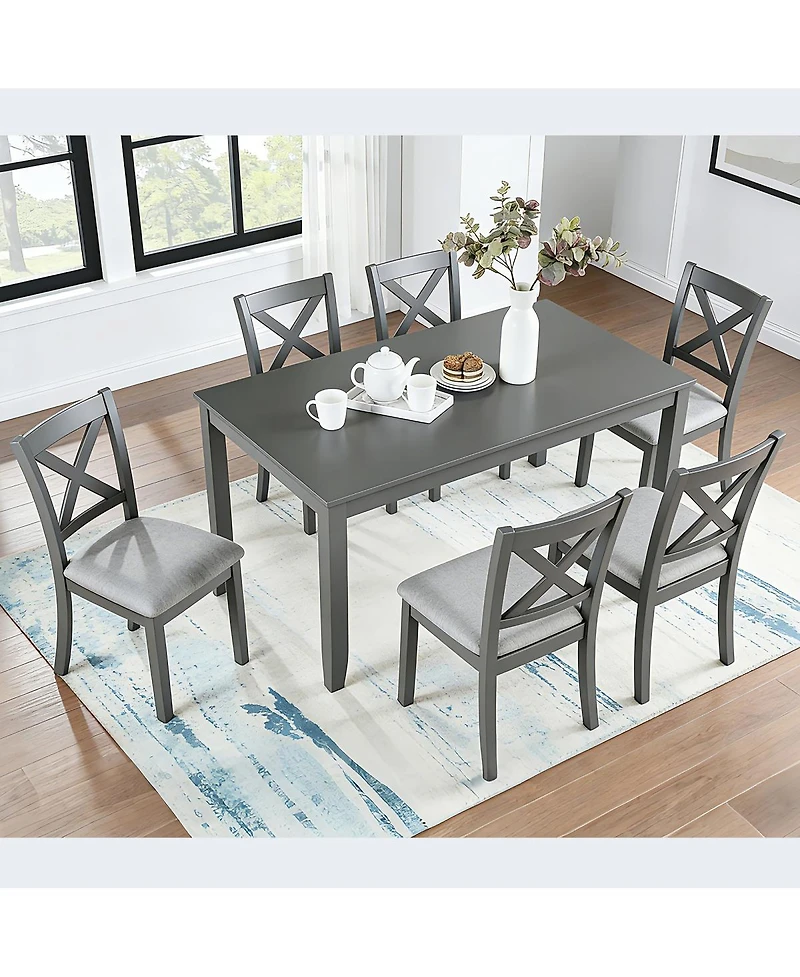 Streamdale Furniture 7-Piece Solid Wood Dining Set, 58.5 inch Table, 6 Padded Chairs