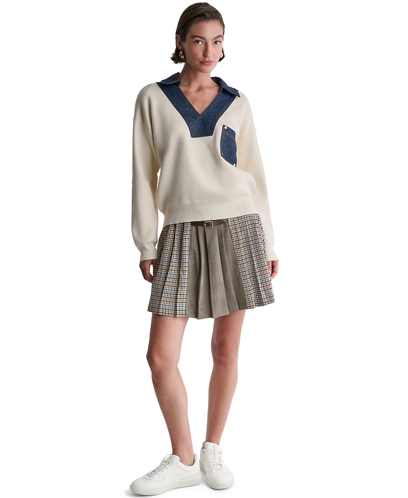 Bcbg Women's Long-Sleeve Collared V-Neck Denim Trim Sweater