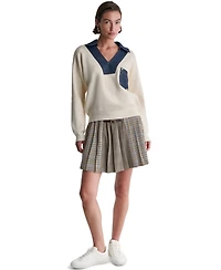 Bcbg Women's Long-Sleeve Collared V-Neck Denim Trim Sweater