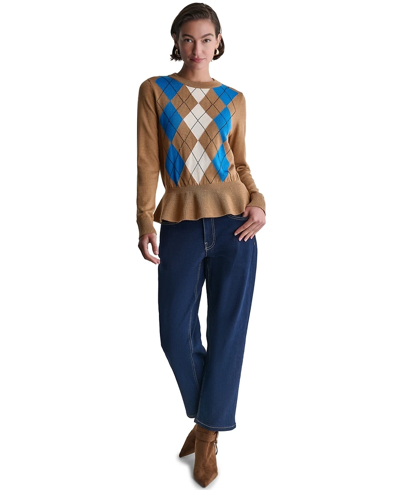 Bcbg Women's Long-Sleeve Crewneck Argyle Peplum Sweater