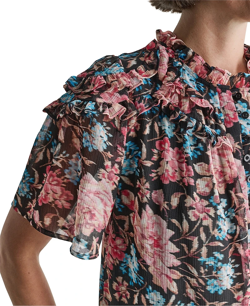 Bcbg Women's Printed Short-Sleeve Ruffle Detail Blouse