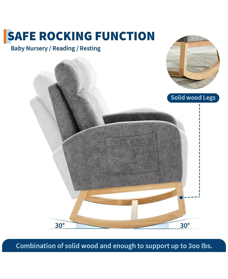 homfan Modern Hospitality Rocking Chair – Teddy Upholstery, High Back ,Armrest ,Wingback, Side Pockets Rubber Wood Legs for Restaurant or Office